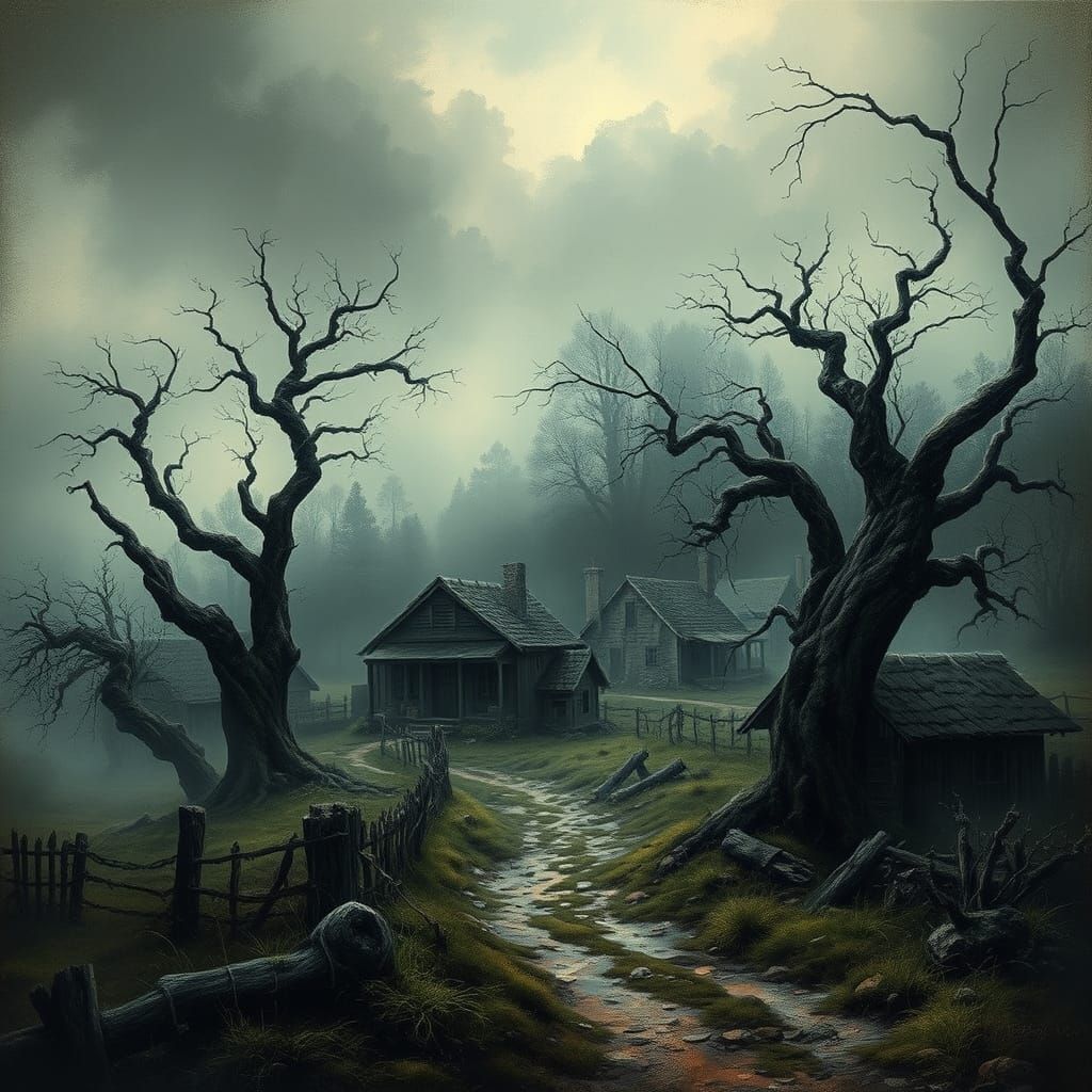 Eerie, Mystical Countryside Village Scene