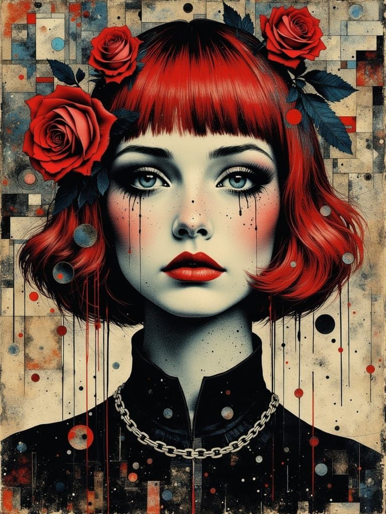 Gothic Woman Portrait with Roses and Psychedelic Effects