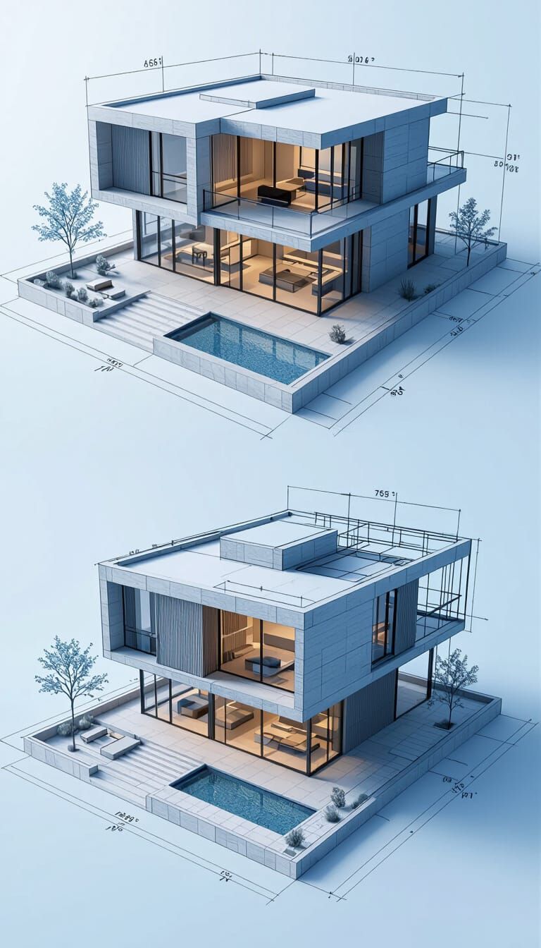 Modern Minimalist House Blueprint Timelapse 3D Wireframe