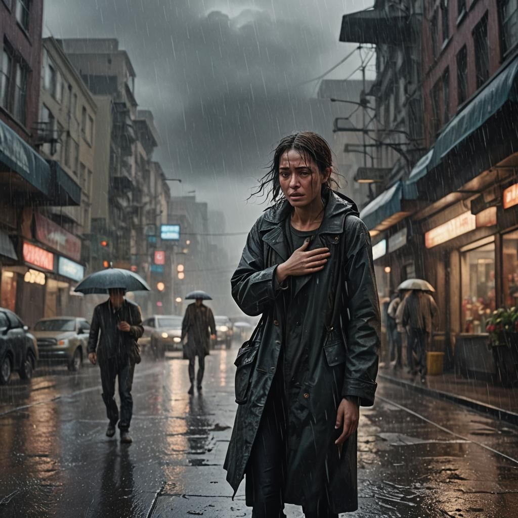 Woman Crying in Rain: Dramatic Digital Painting