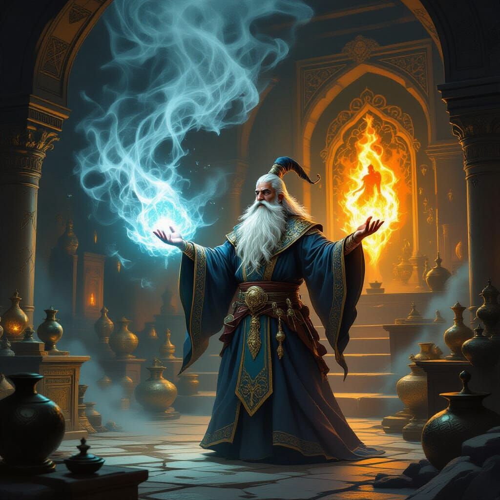 Persian Mage Summons Fiery Djinn in Fantasy Art Style