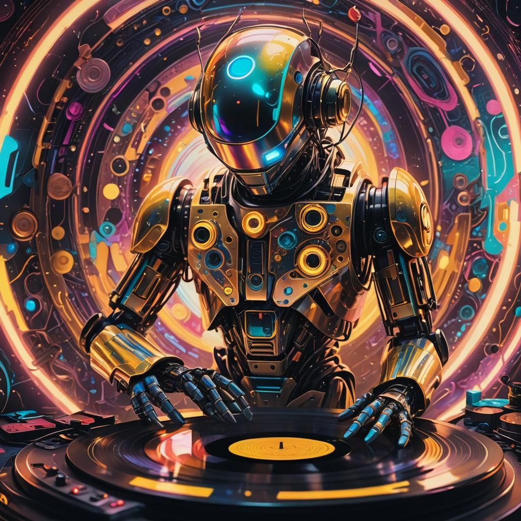 Futuristic Robot Repairs Glowing Vinyl Record in Psychedelic...