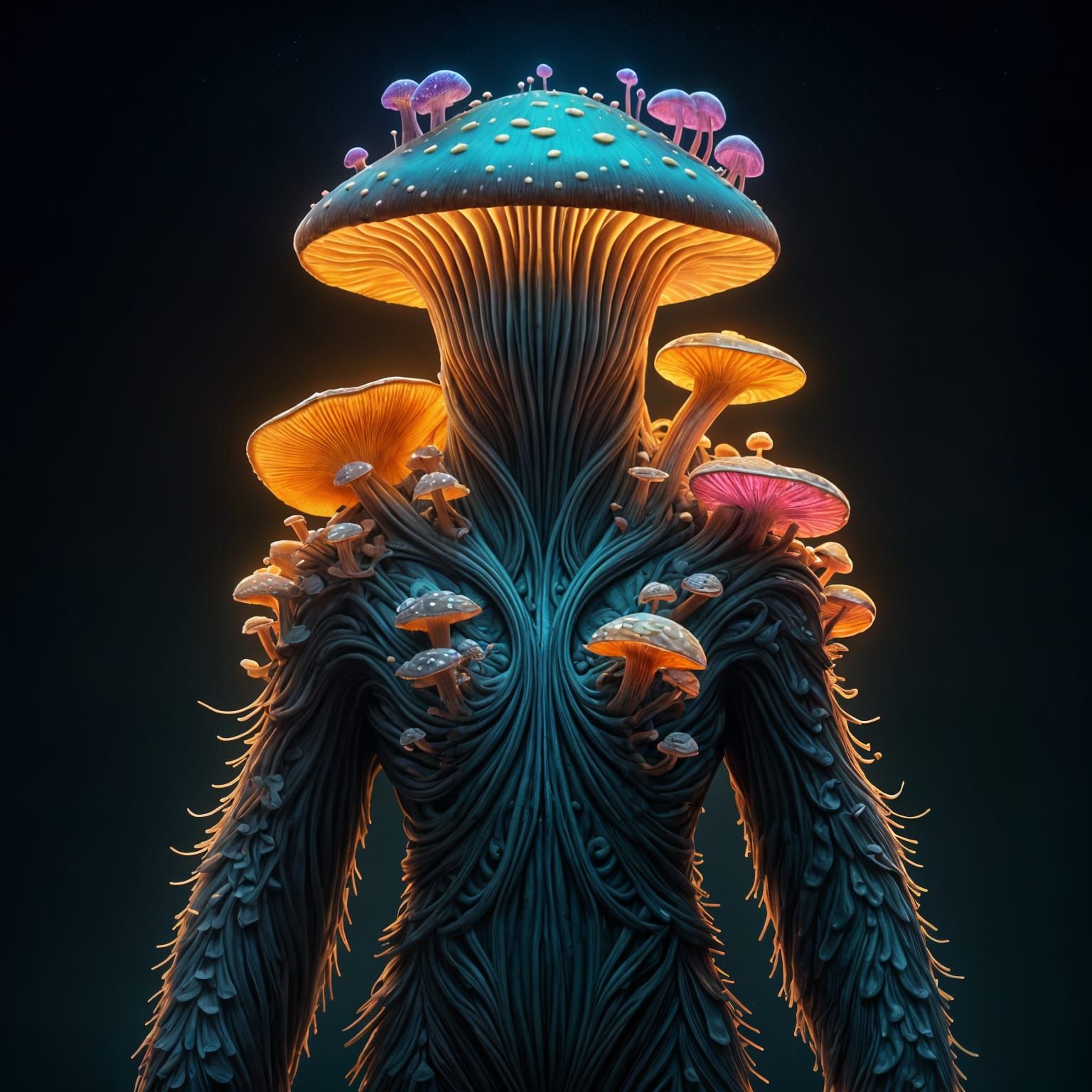Glowing Myconoid with Bioluminescent Mushrooms