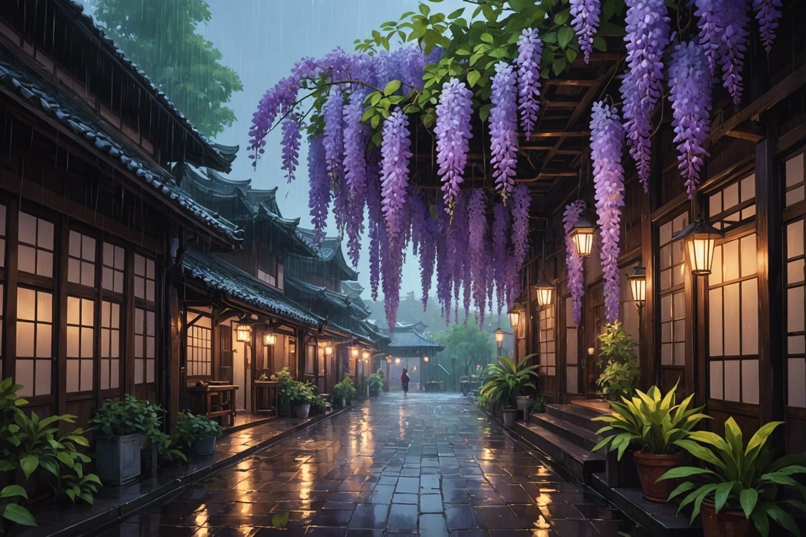 Wisteria in Rain, Asian Art Style