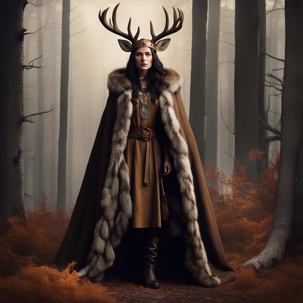 Woman with Deer Horns and Wolf Fur in Forest