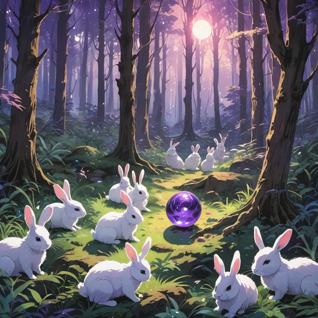 Bunnies with Glowing Orb in Anime Style