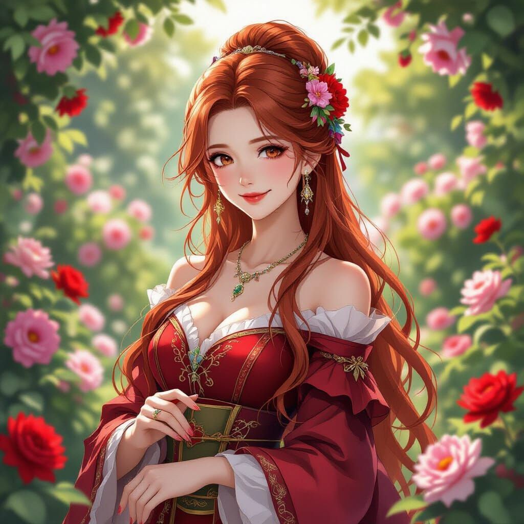 Elegant Red-Haired Woman in Bloom-Filled Garden, Anime Style