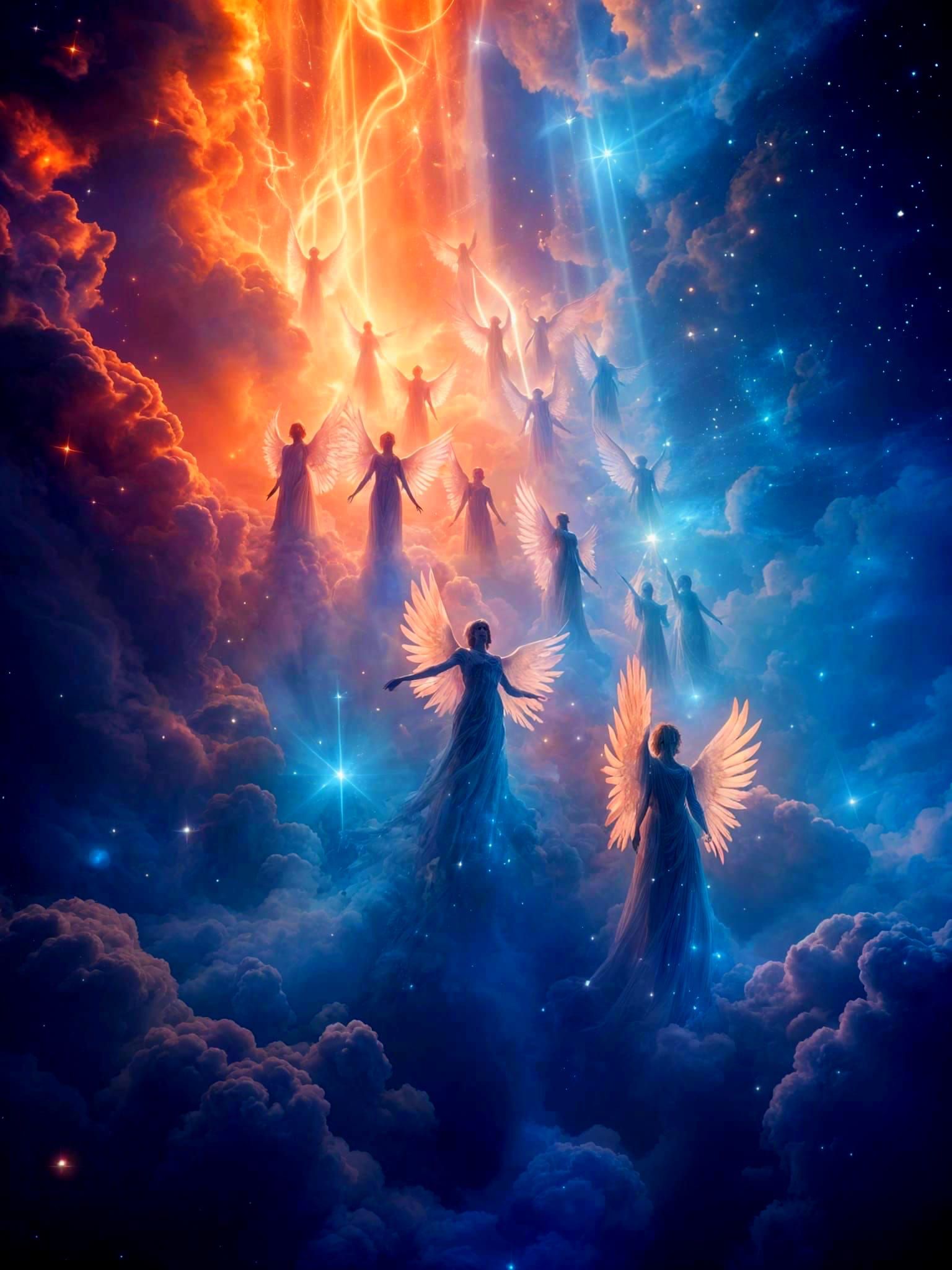 Angelic Cloud Choir Singing in Vibrant Light Patterns