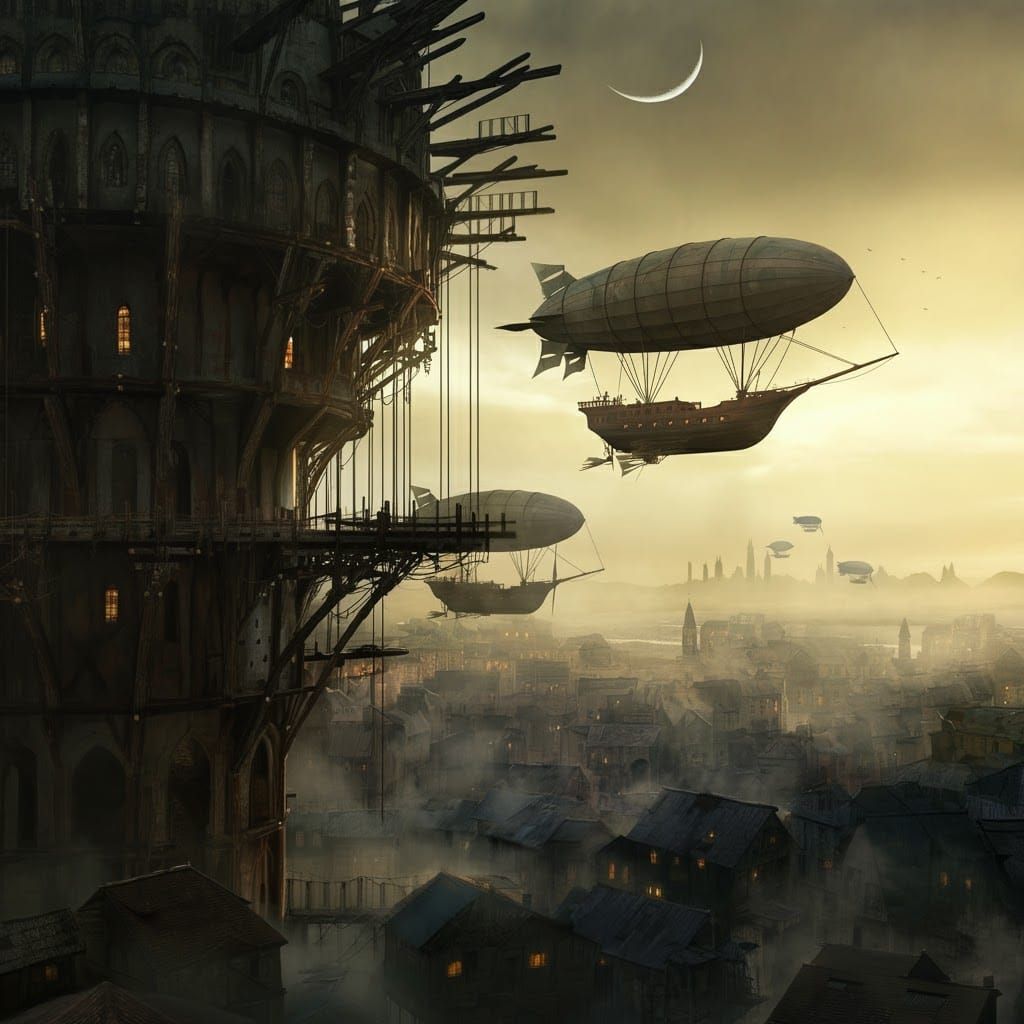 Gothic Airship Dock Pierces Smoggy Steampunk City