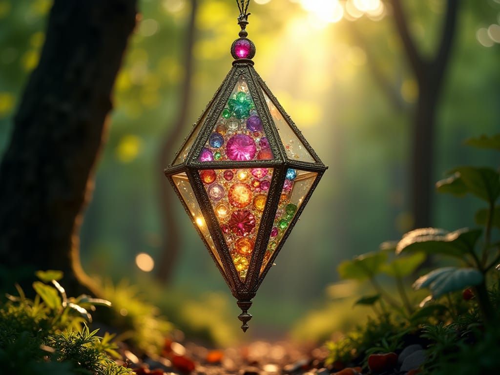 Surreal Forest Scene with Glass Prism and Vibrant Gemstones
