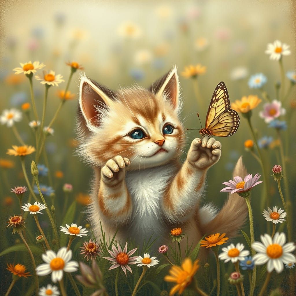 Whimsical Kitten Plays with Delicate Butterfly in a Lush Mea...