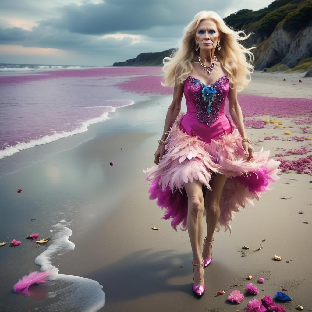 Elderly Transvestite on Beach in Matte Painting Style