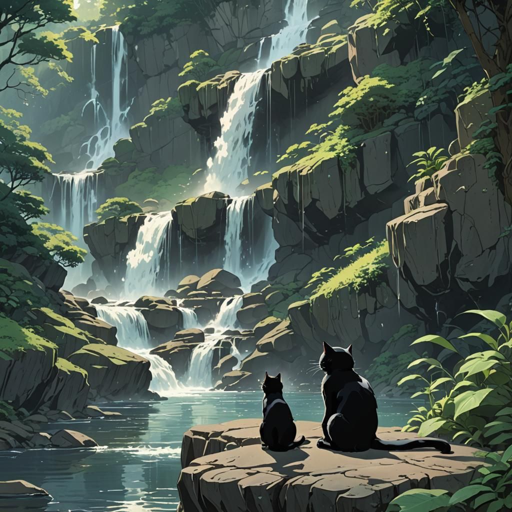 Meditating Black Cat by Waterfall: Studio Ghibli Style