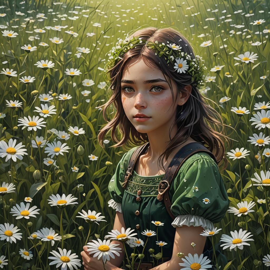 Girl in Daisy Field: Detailed Matte Painting