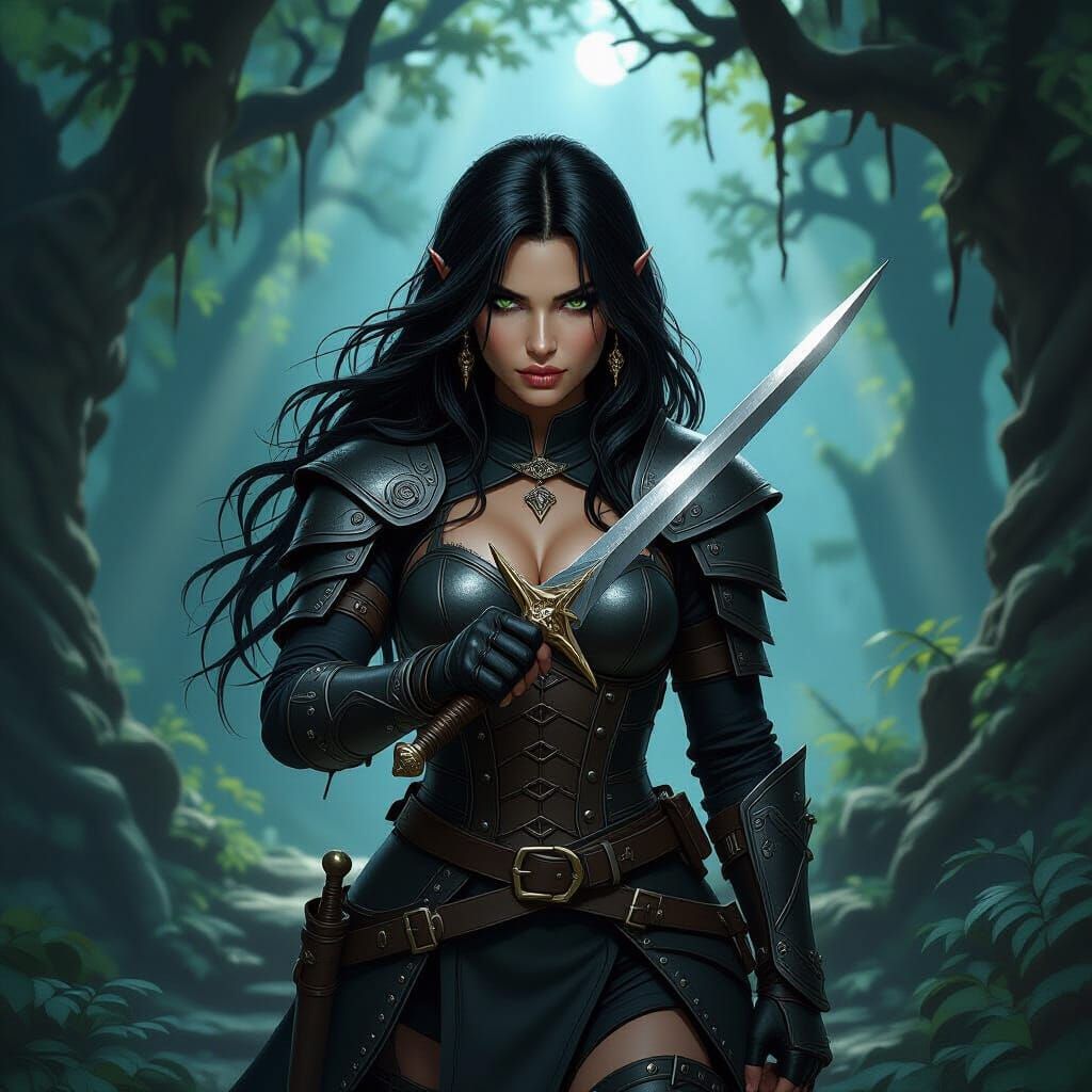 Halfling Warrior Woman with Dagger in Moonlit Forest
