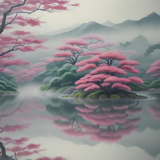 Serene Water Lily Pond: Japanese Watercolor Landscape