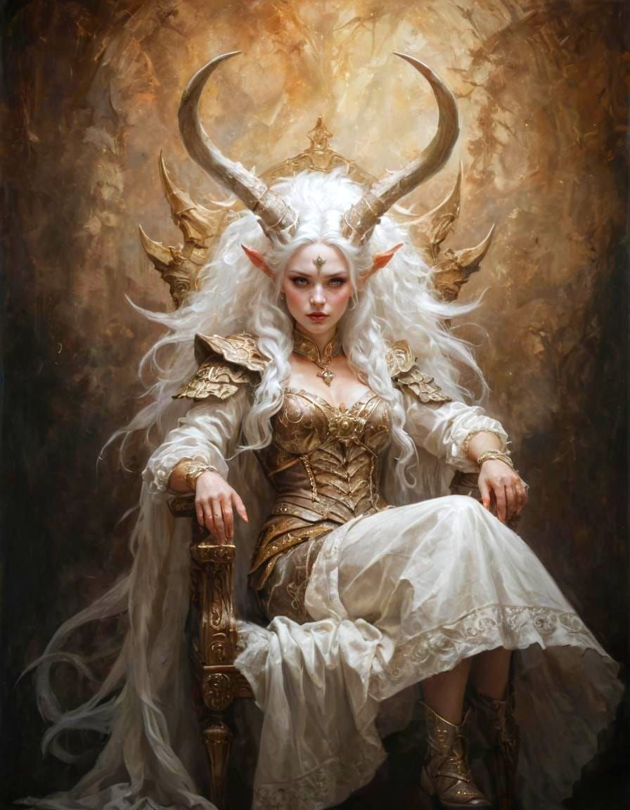 Majestic White Horned Norn Queen Portrait in Oils
