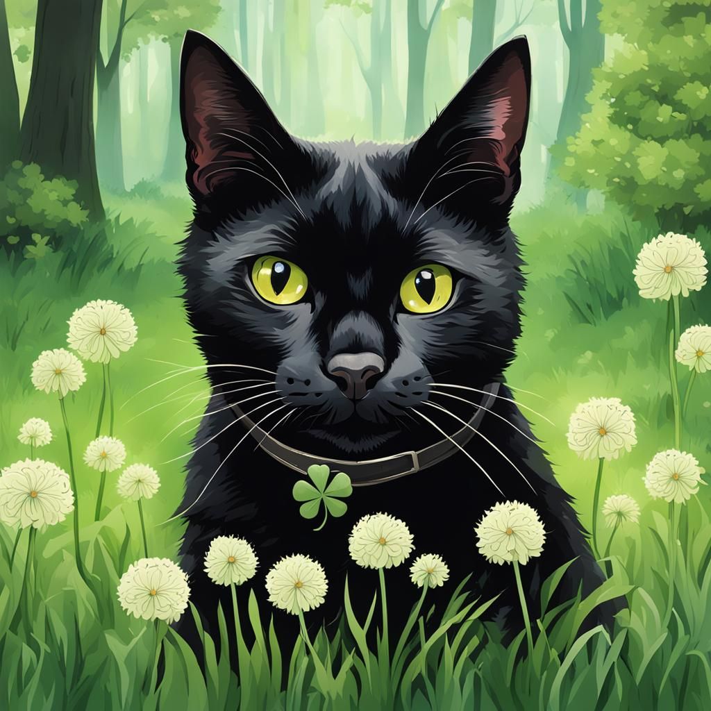 Bombay Black Cat in Forest Glade with Dandelions