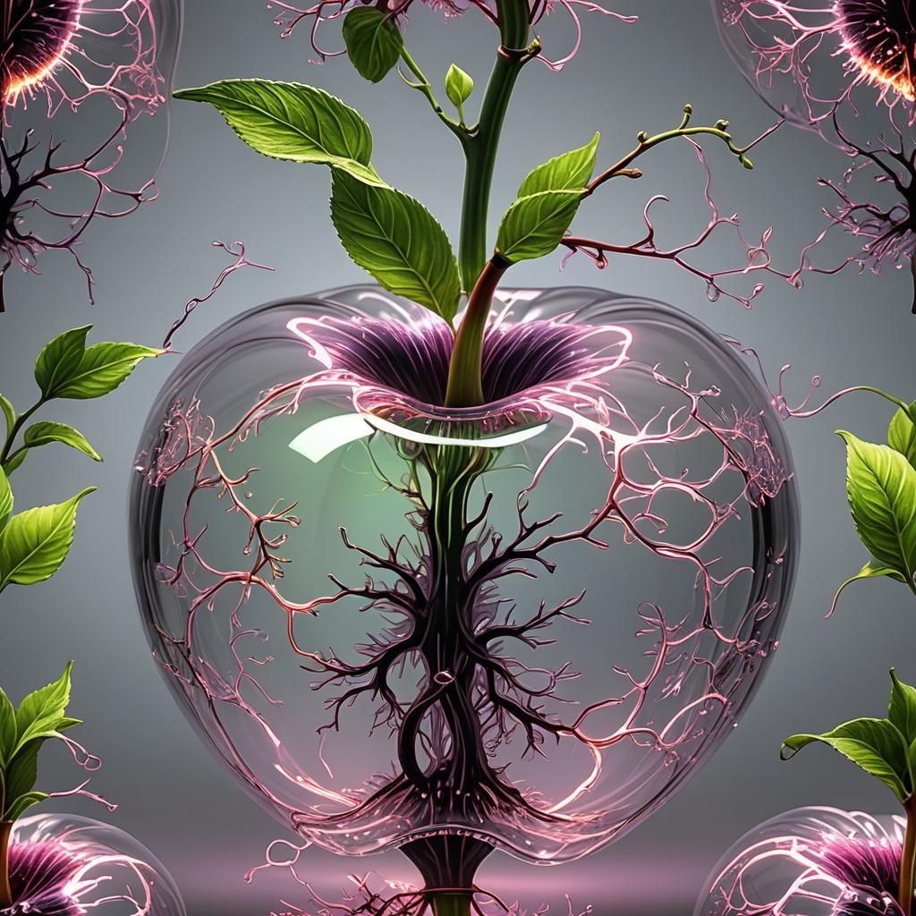 Glowing Kirlian Apple with Leaf, Hyperrealistic Style