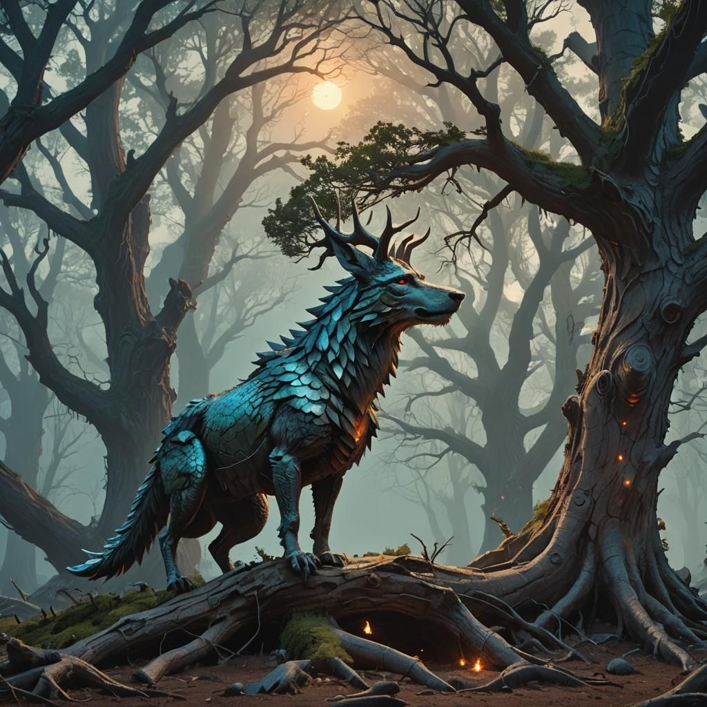 Dragon-Wolf Hybrid on Mystical Tree Root