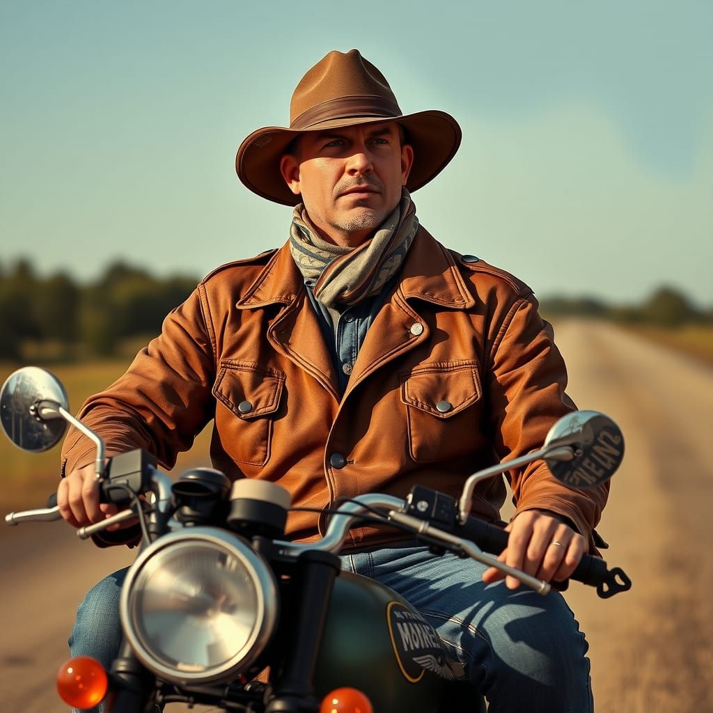 Man on Motorcycle Portrait in Kitsch Style