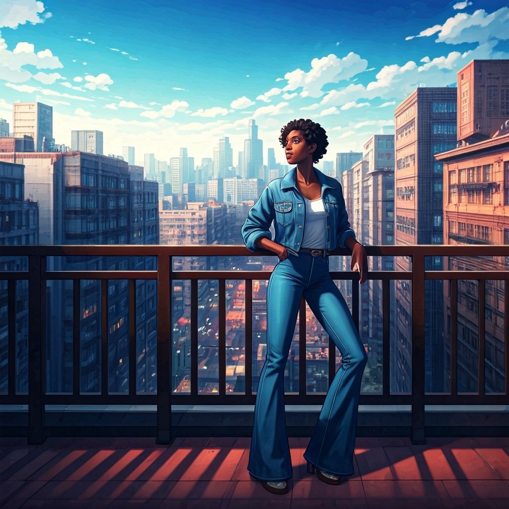 Black Woman in Denim Overlooking Cityscape, Anime Style