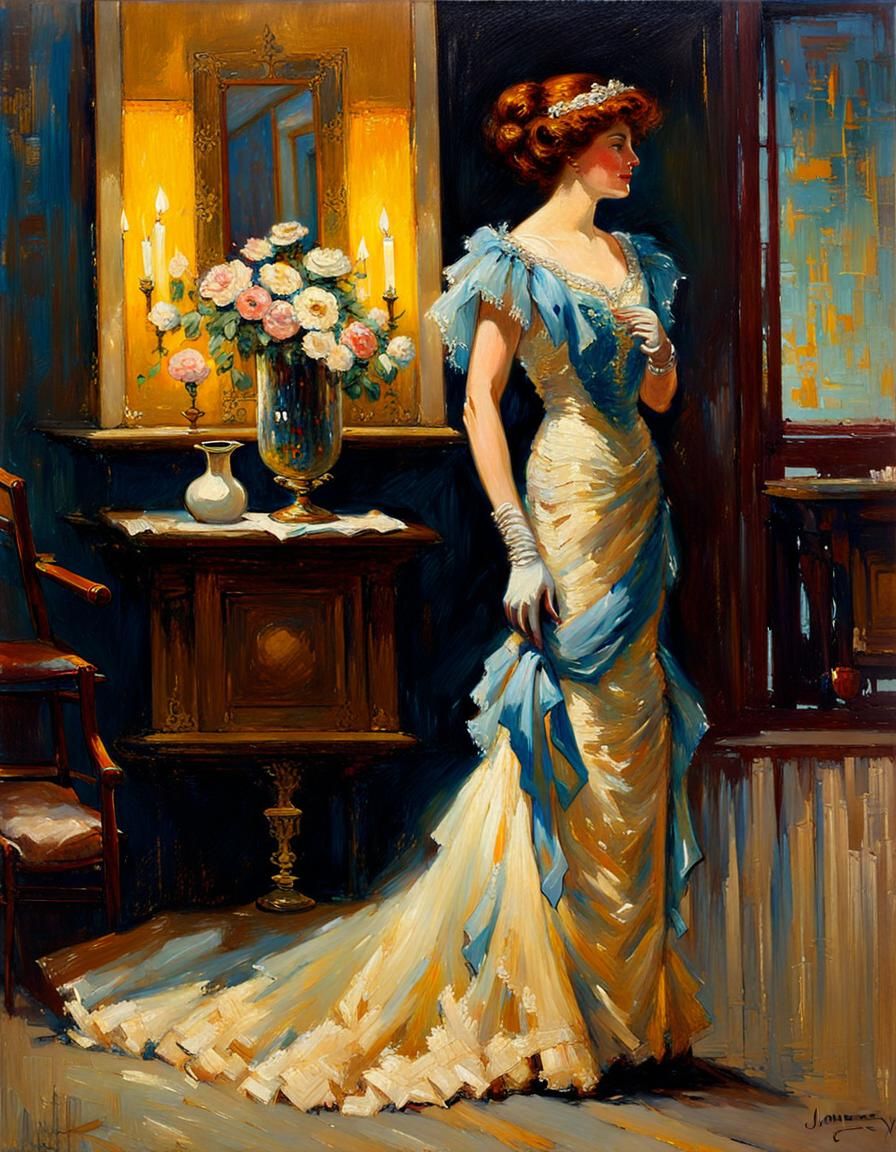 Elegant Woman in Evening Gown, Oil Painting
