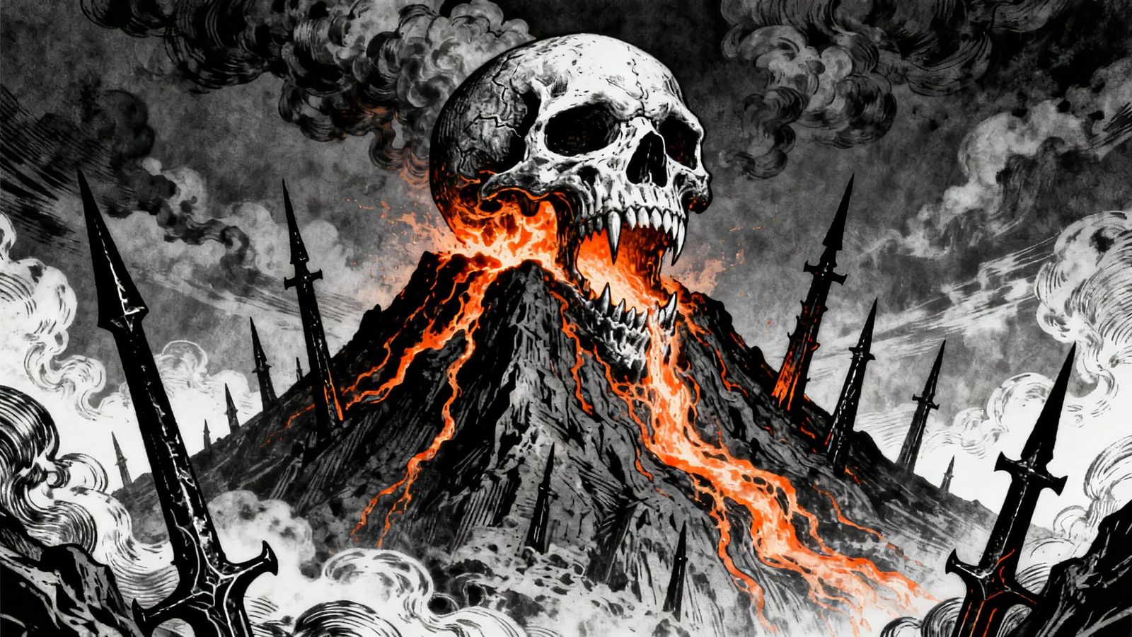 Volcanic Skull Peak with Fiery Rivers in Blackwork Tattoo St...