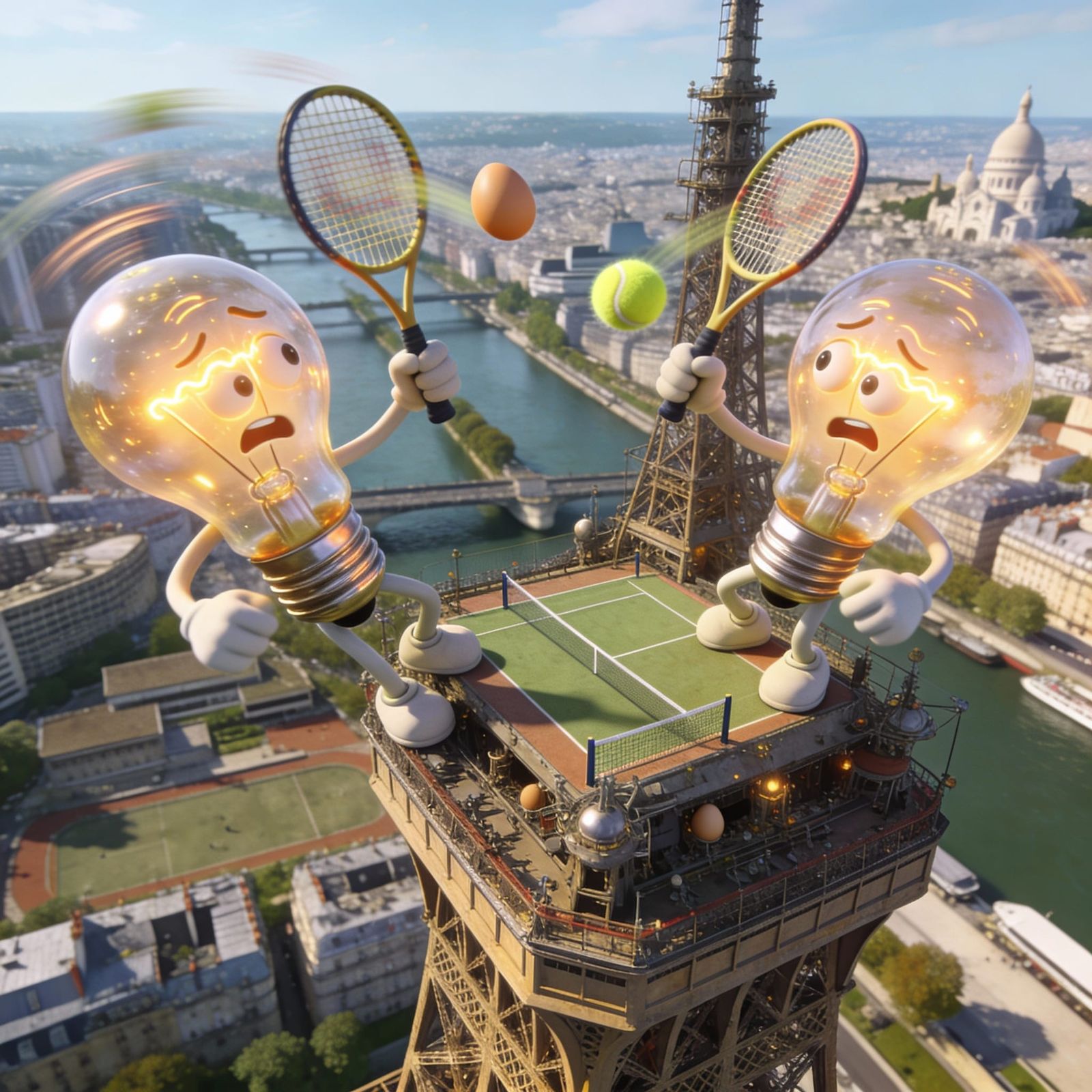 Anthropomorphic dizzy-looking lightbulbs playing tennis with rackets and using eggs as tennis balls on the top of the Ei...