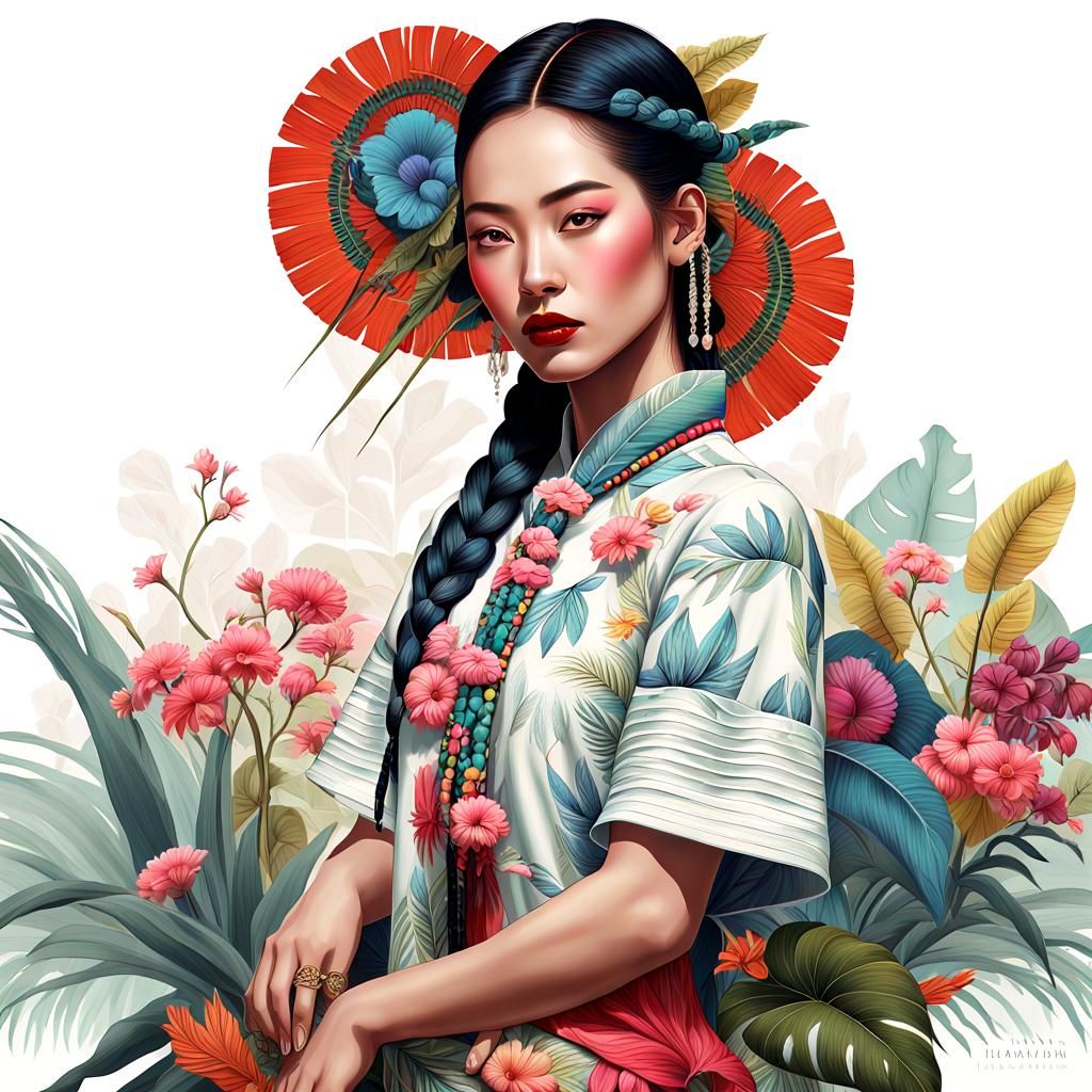 Asian Woman in Hand-Dyed Cotton Clothes, Comic Book Art