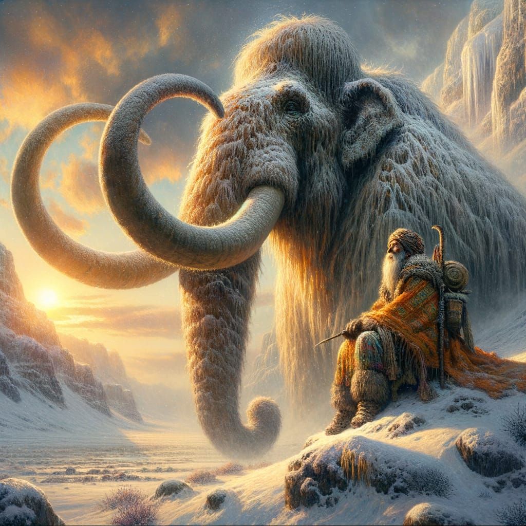 Woman on Mammoth in Snowy Sunrise Landscape