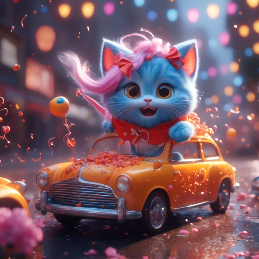 Cute Anime Cat Laughing with 3D Car