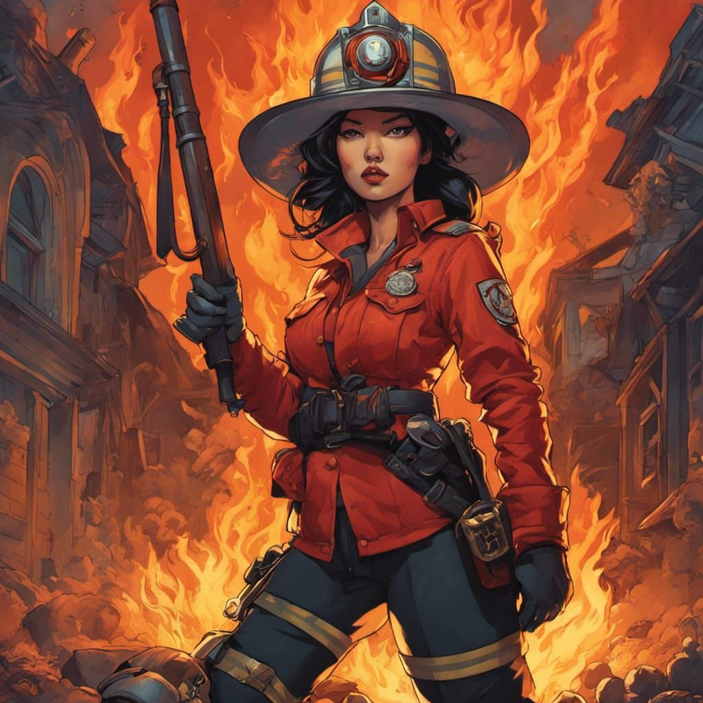 Fiery Female Firefighter in Burning Town