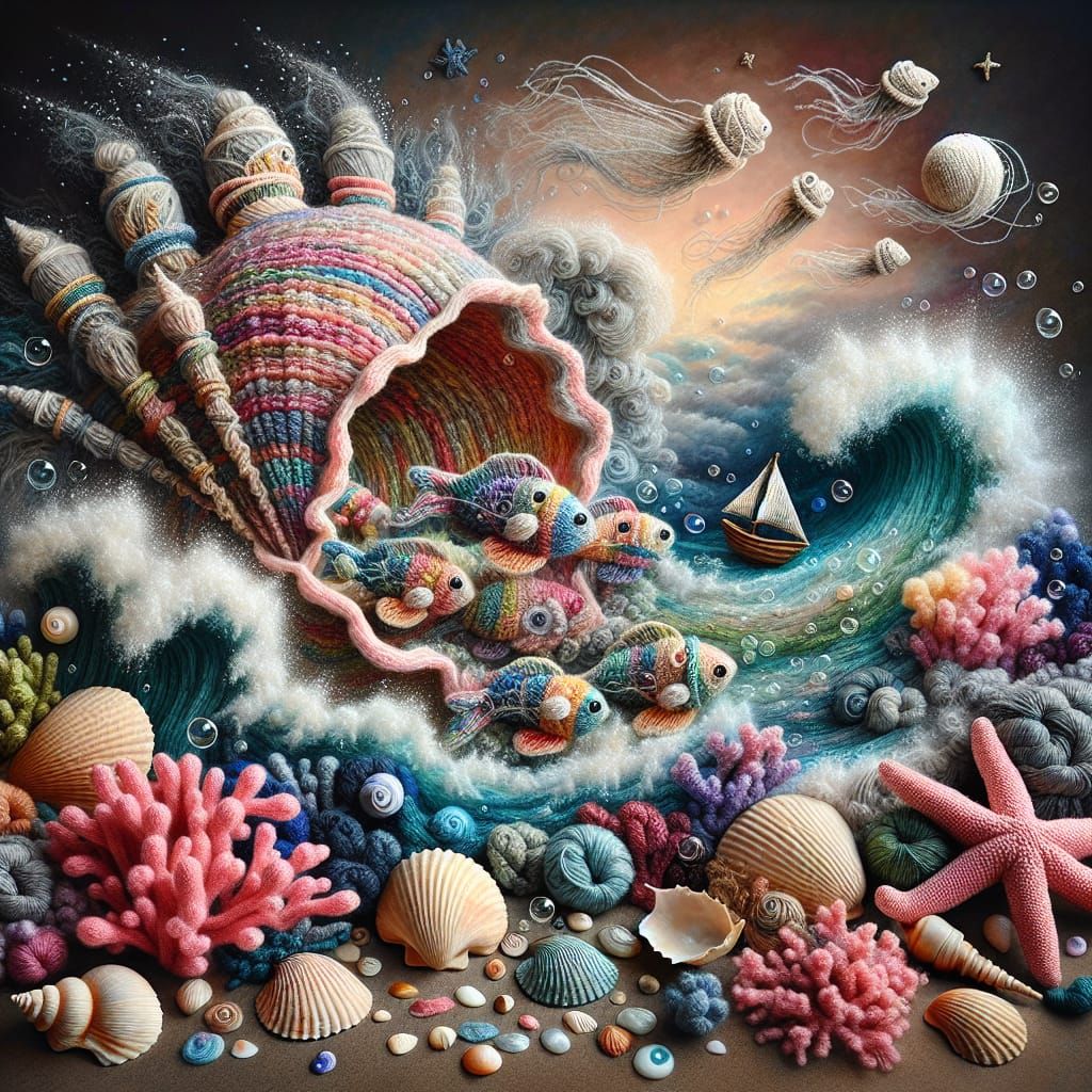 Intricate Knitted Art: Fish in a Giant Shell