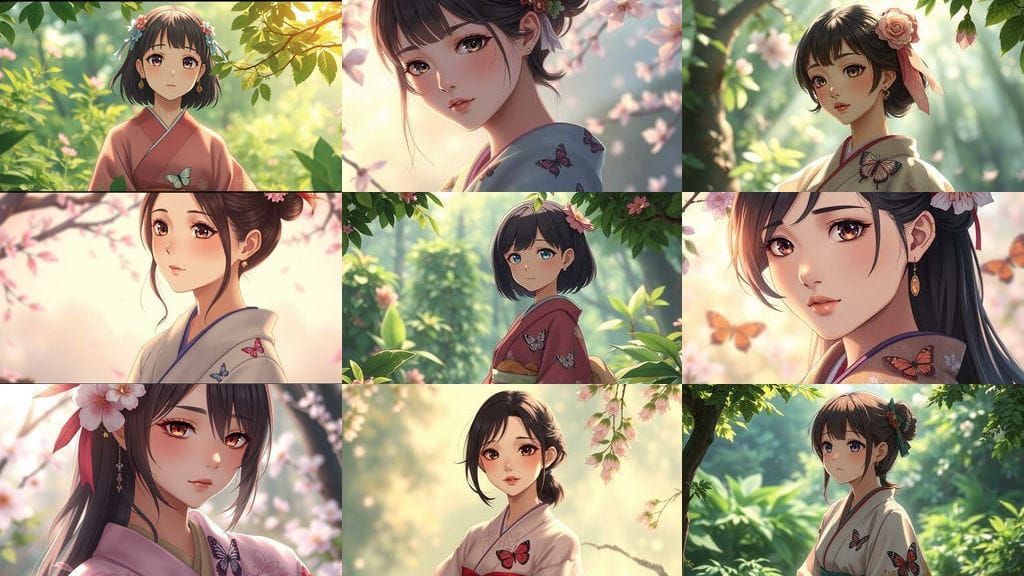 Anime Girl in Nature Kimono with Butterfly Pattern