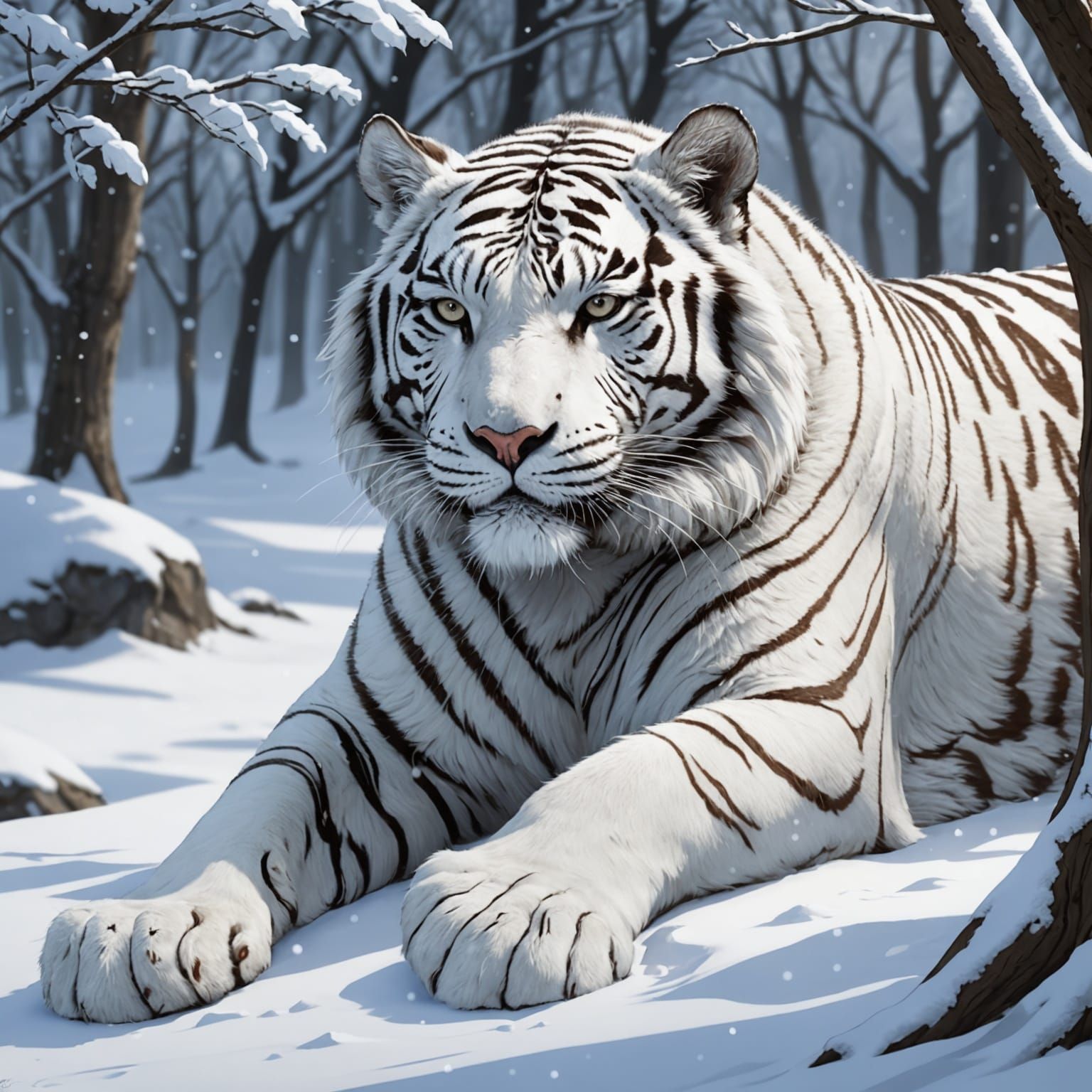 White Tiger Asleep in Snowy Anime Landscape