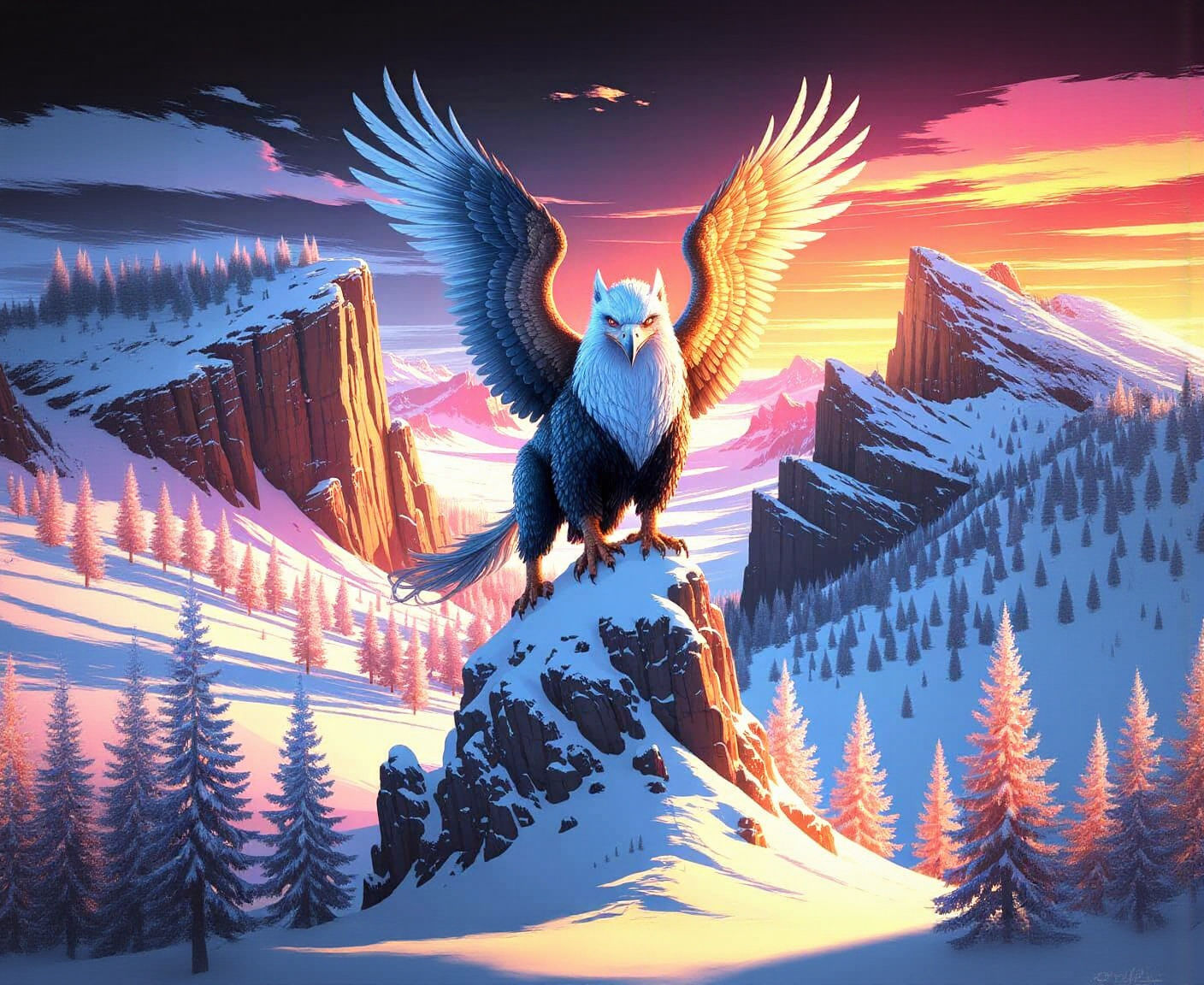 Griffin Perched Atop Snowy Peak in Digital Art