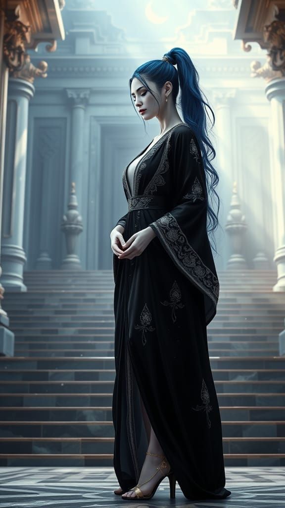 Ethereal Goddess in Majestic Black Robe, Temple Setting