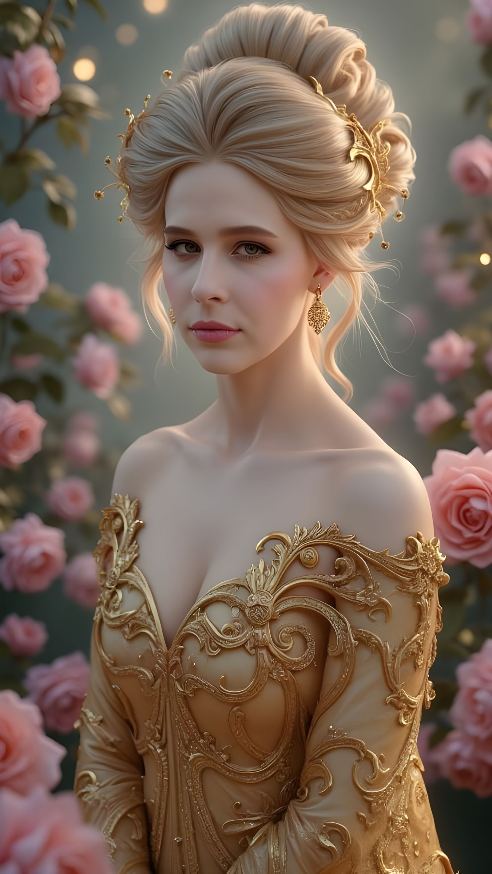 Ethereal Fantasy Portrait of a Serene Woman in a Golden Gown