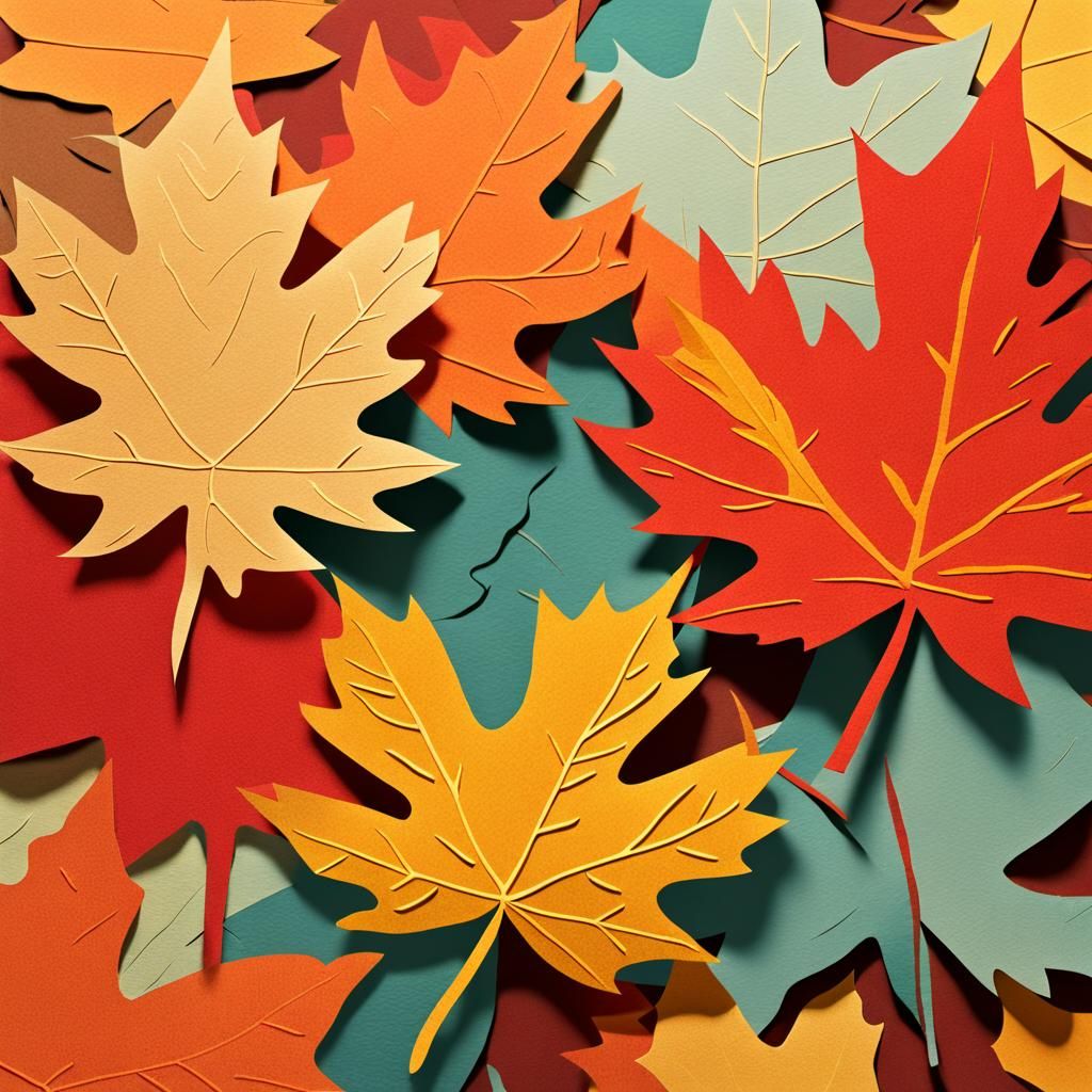 Maple Leaves Paper Collage Art in Fauvist Style
