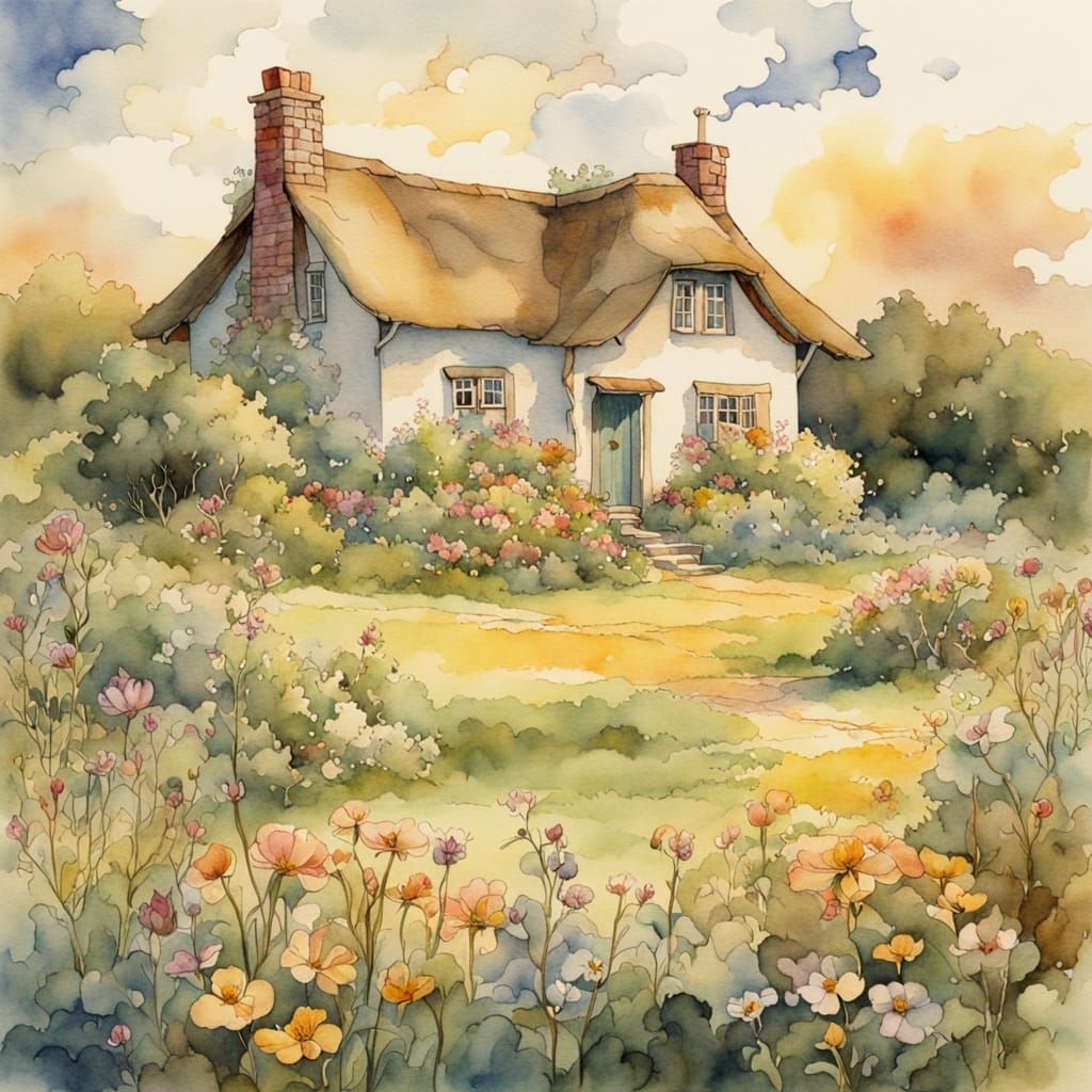Charming Cottage in Meadow: Whimsical Watercolor Art