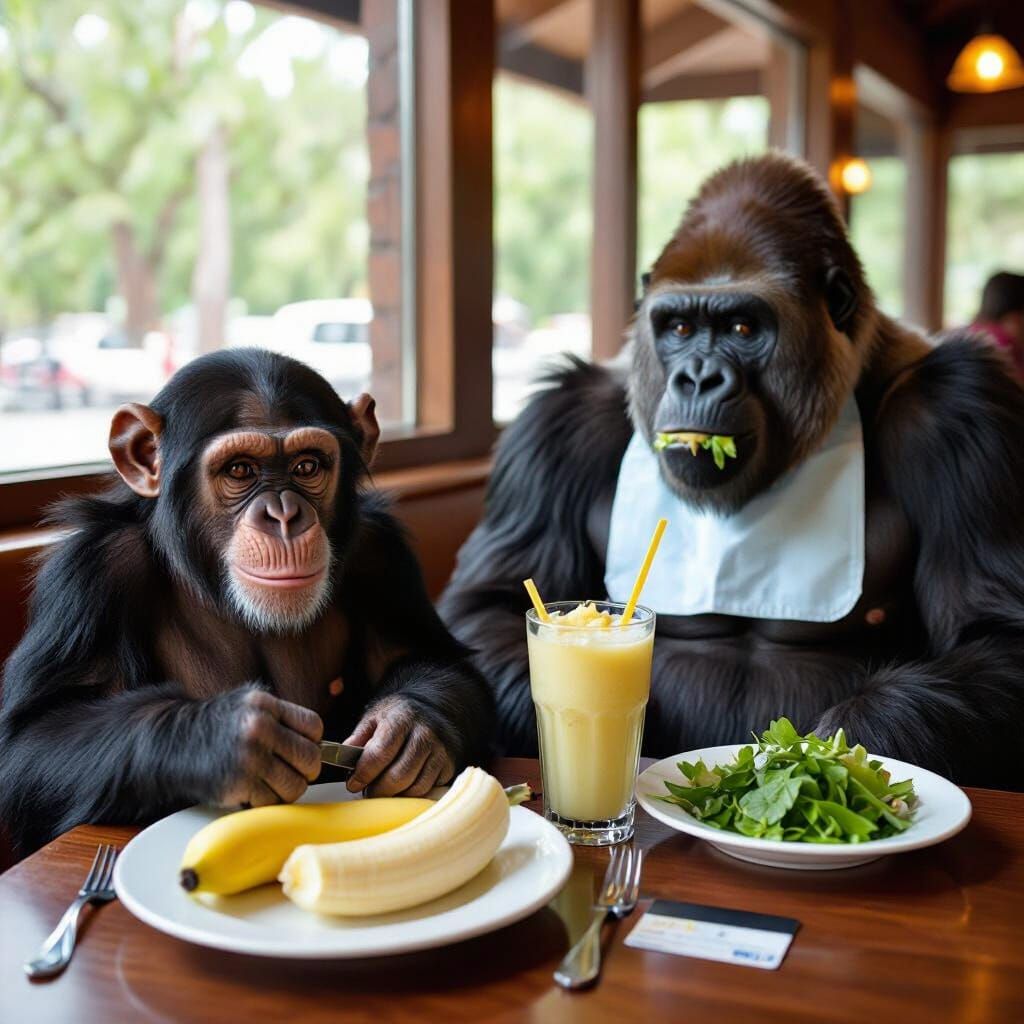 Chimpanzee Fine Dining with Gorilla Friend