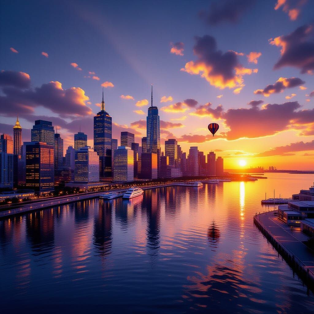 Golden Hour Cityscape at Dusk with Hot Air Balloon