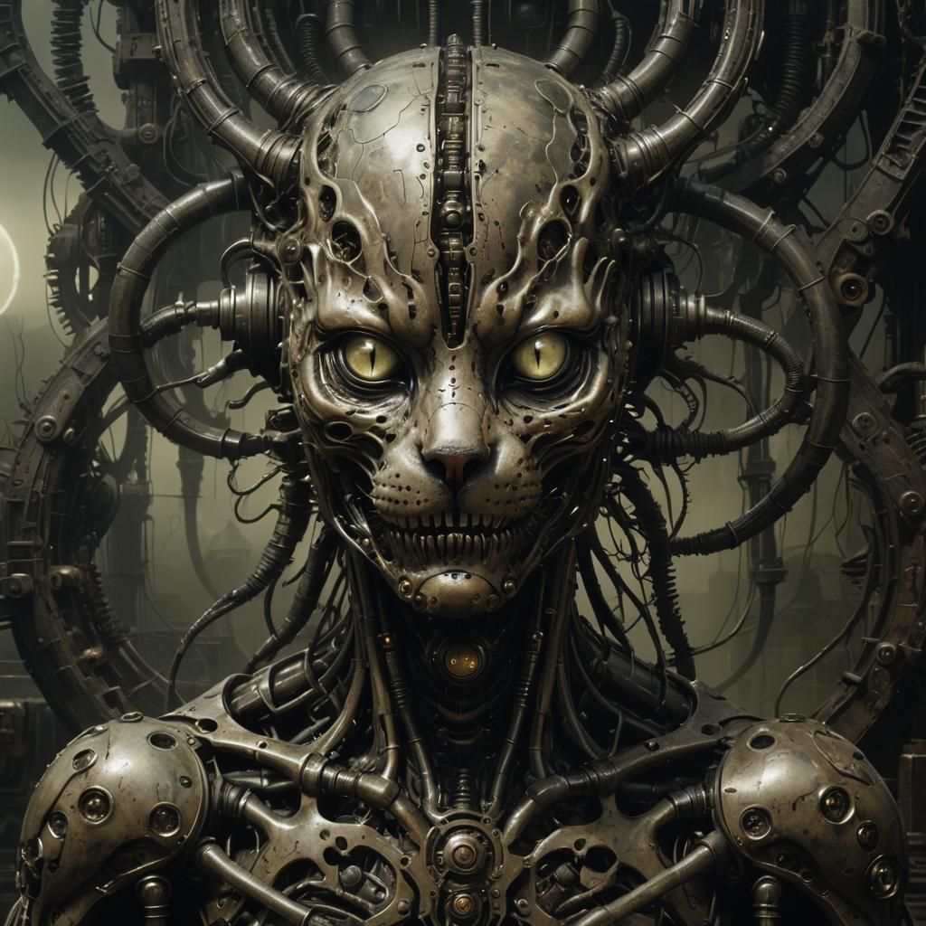 Biomechanical Cat in Giger Style Eerie Landscape