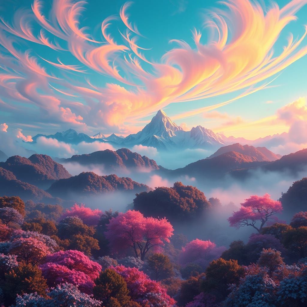 Ethereal Dreamscapes with Glowing Foliage and Mystical Mount...