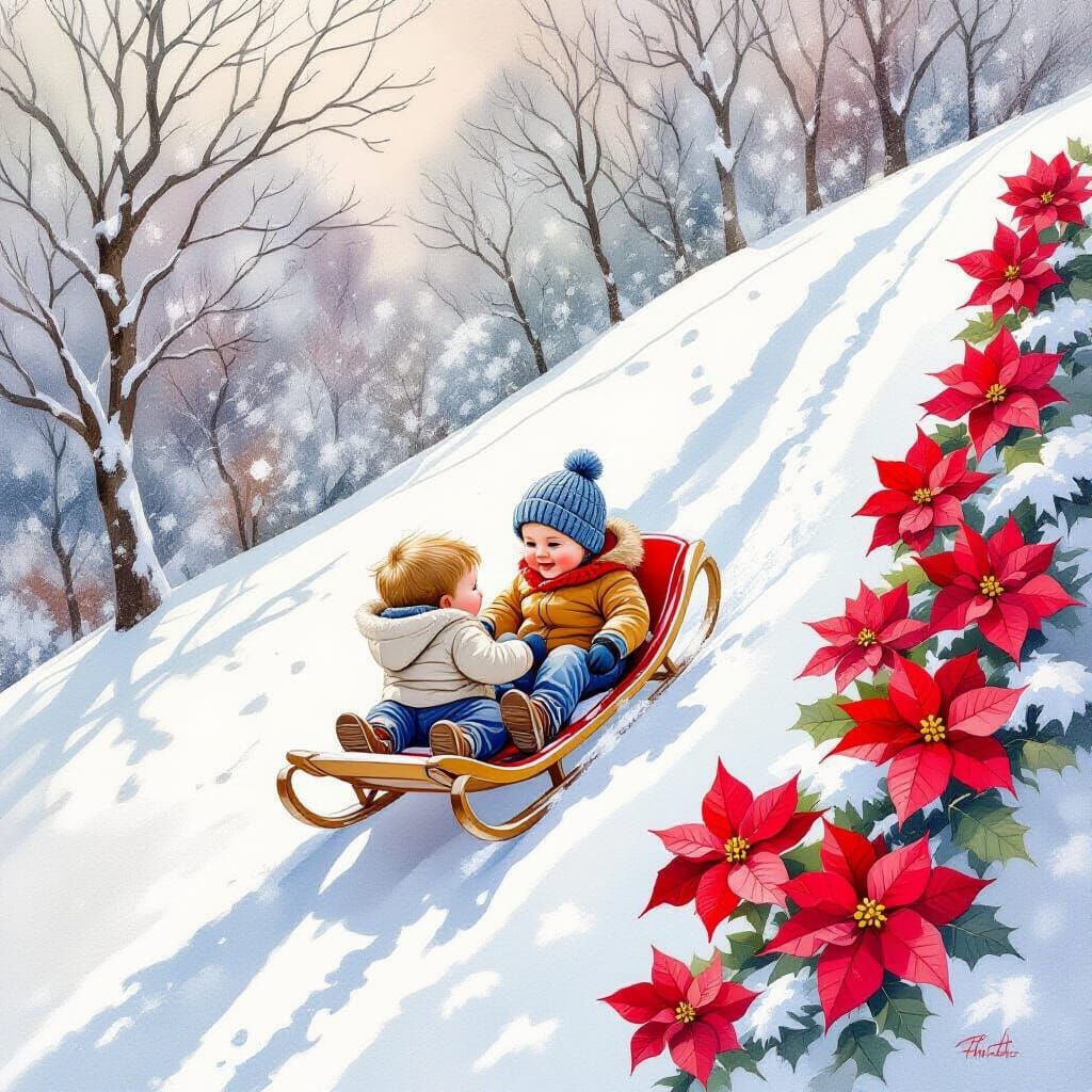 Ethereal Watercolour of Siblings Sledding Down Snowy Hill