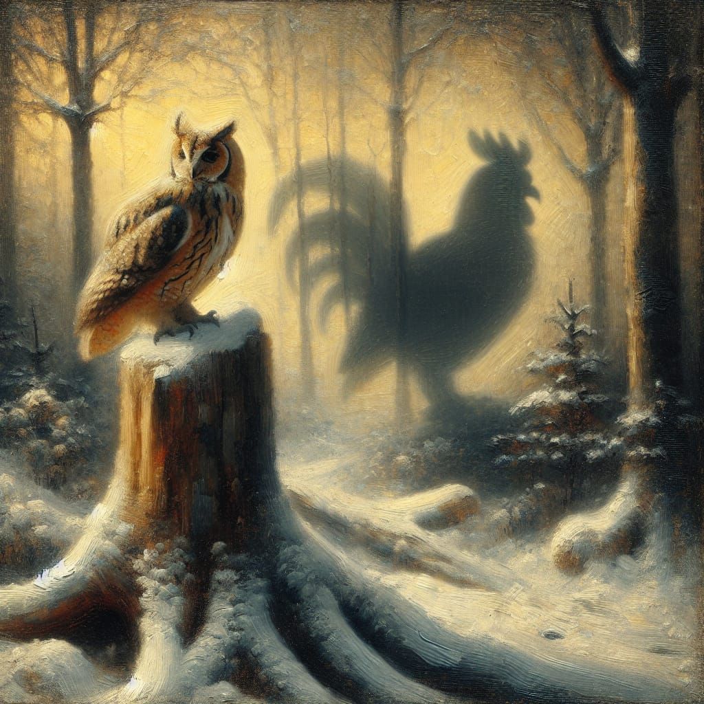 Ethereal Owl in Winter Woodland Scene, Old Masters Style