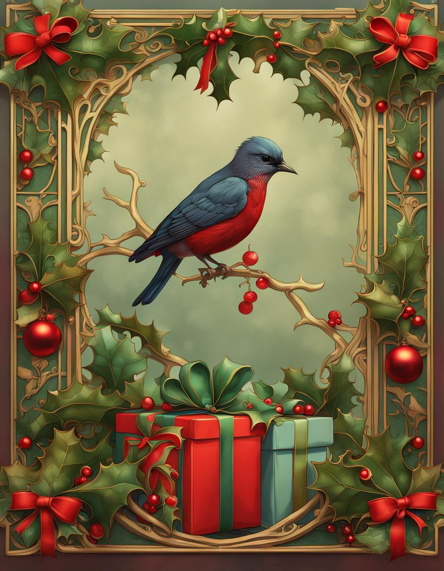 Art Nouveau Christmas Scene with Birds and Gifts