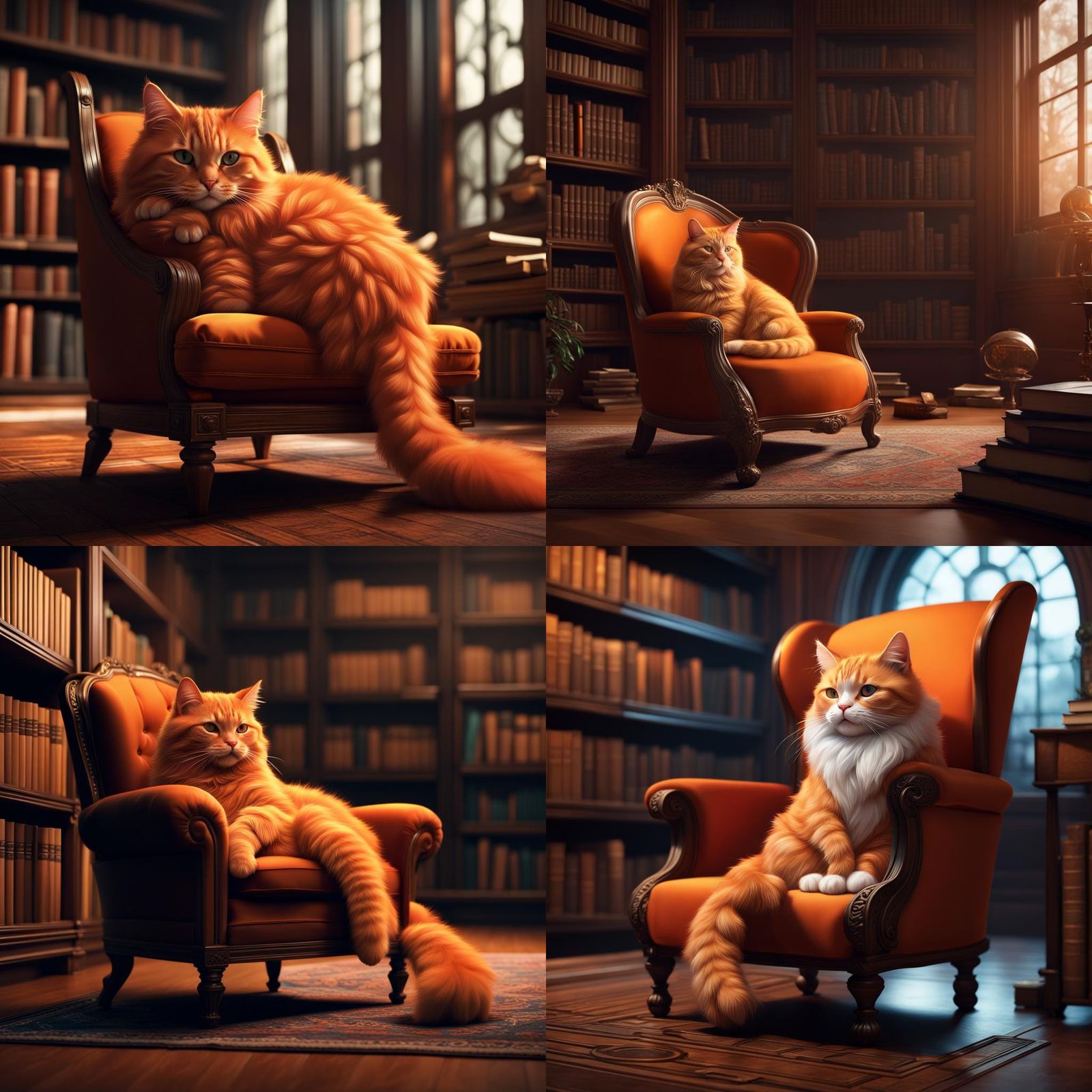 Orange Cat Sleeping in Library, Detailed Matte Painting