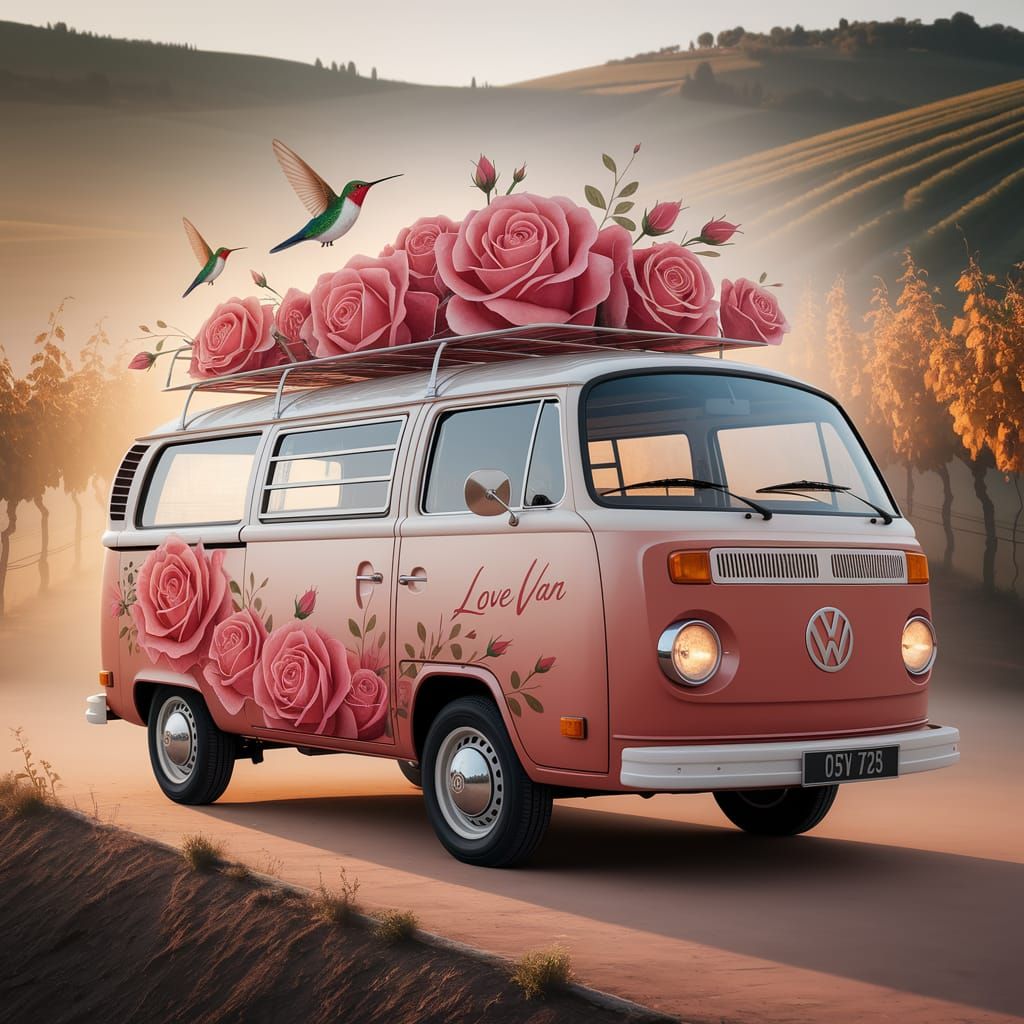 Airbrushed VW Van with Roses and Hummingbirds